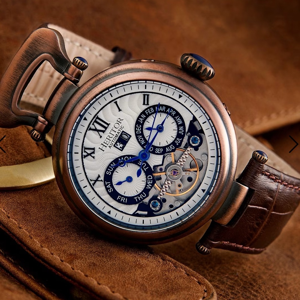 NEW Heritor Ganzi Semi-Skeleton Leather Band Watch